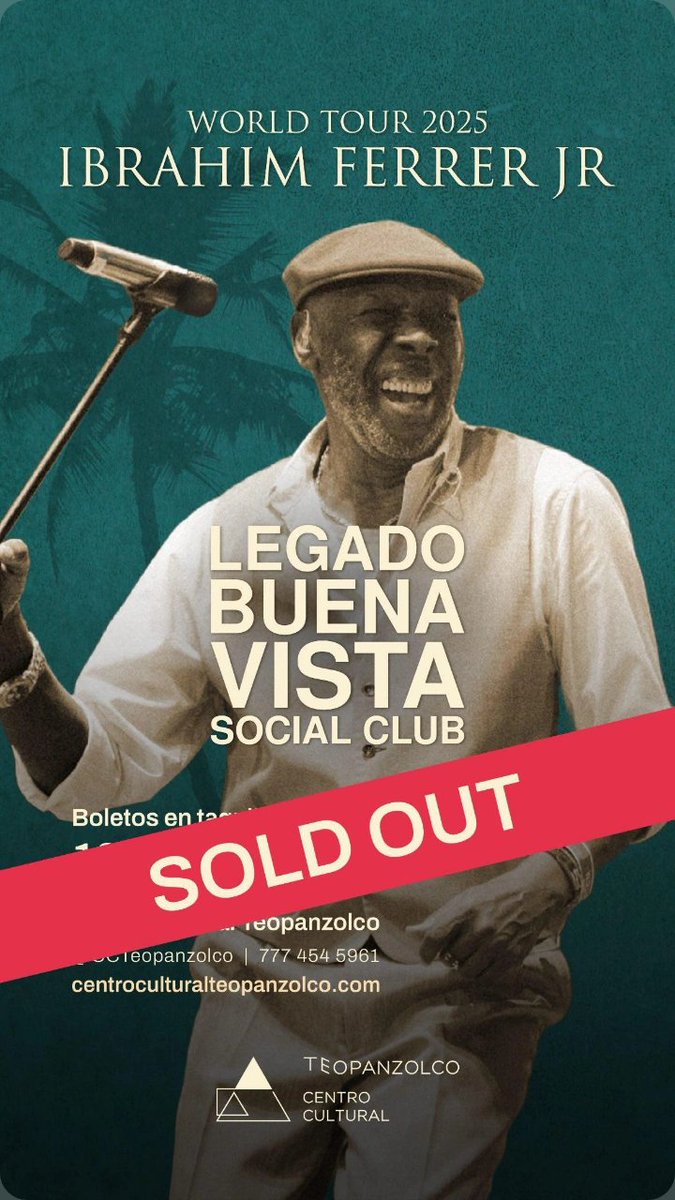 Amigos de Cuernavaca gracias por el apoyo! Nos vemos hoy en Centro cultural Teopanzolco Cuernavaca Morelos, lamentablemente ya no hay más lugar! Disfrutaremos juntos el Legado Buena Vista Social Club 💯 #ibrahimferrerjr #legadobuenavista #buenavistasocialclub