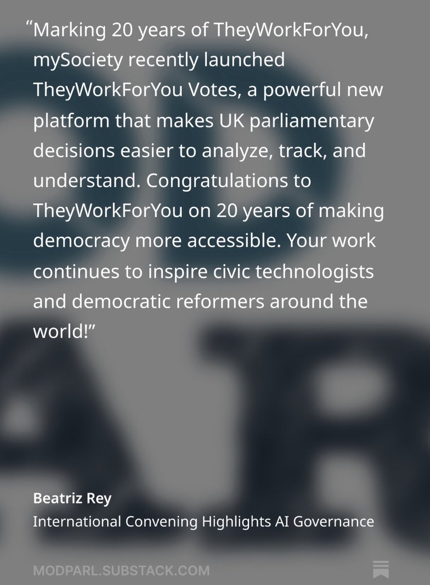 ModParl's tweet image. New in ModParl:
Updates from recent international parliamentary convenings + AI & other modernization updates
And recognizing 20 years of @TheyWorkForYou in the UK from @mySociety
open.substack.com/pub/modparl/p/…