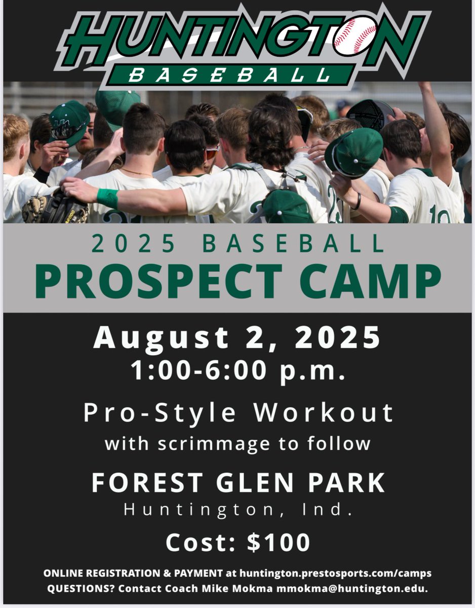 Huntington University Baseball (@baseball_hu) on Twitter photo Upcoming Forester Prospect Camp Date:
Held August 2nd @ 1pm at Forest Glen.
Pro Style Workout with Scrimmage to follow.
Register at the link below: 
huntington.prestosports.com/camps Upcoming Forester Prospect Camp Date:
Held August 2nd @ 1pm at Forest Glen.
Pro Style Workout with Scrimmage to follow.
Register at the link below: 
huntington.prestosports.com/camps