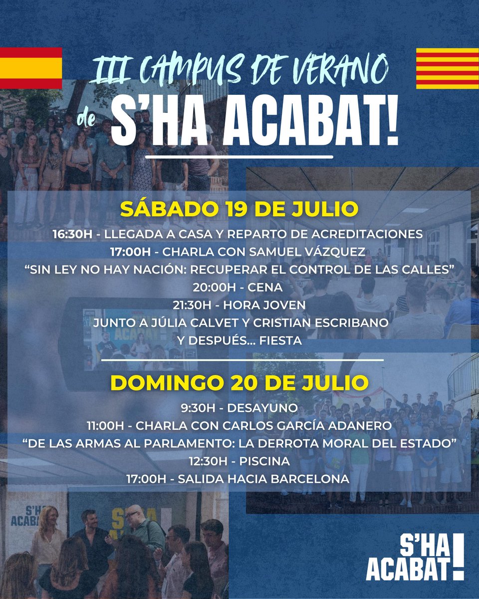 💥 Os presentamos detalladamente los horarios de las actividades y charlas de nuestro III Campus de Verano 💥

🗓️ Fin de semana del 19 y 20 de julio.

¡Aún tienes tiempo para apuntarte! Cerraremos las inscripciones el 25/06.