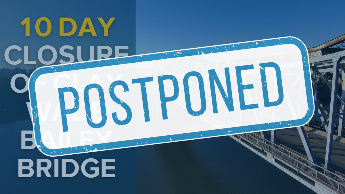 🚨UPDATE: Clay Wade Bailey Bridge Closure Postponed🚨

The planned 10-day closure is now a 13-day closure starting 5 AM, June 18, due to added repairs &amp; potential weather.

The bridge reopens by 5 AM, June 30.

More info here: lnks.gd/2/32xpN9v