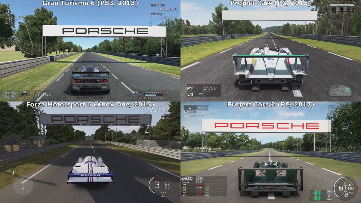 Fun fact: The Gran Turismo 6 devs added the Porsche sign after the Arnage corner at Le Mans, even though the game doesn't feature any Porsche cars.

On the other hand the Project Cars devs probably thought "if you won't let us use your cars, then we also won't do any advertising