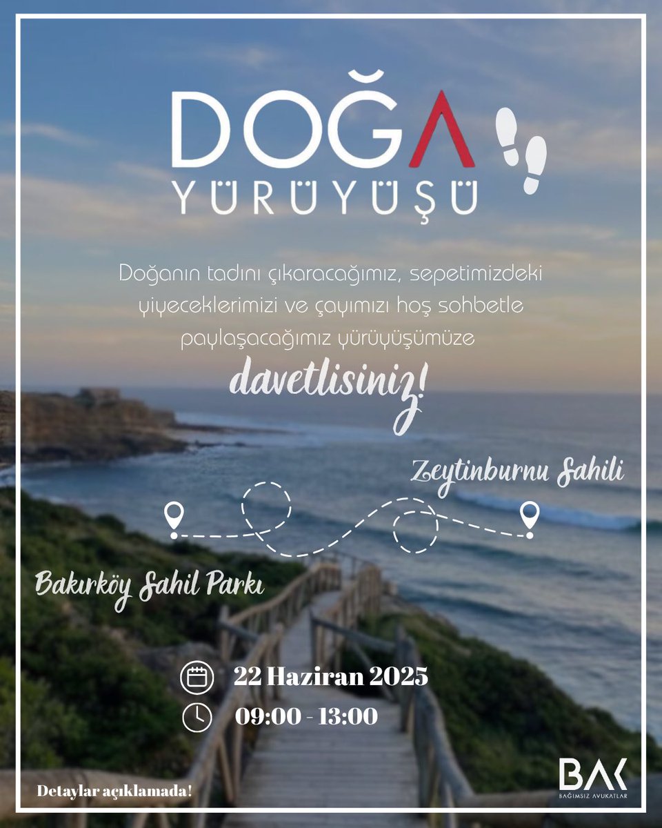 Bir Bağımsız Avukatlar klasiği olan Doğa Yürüyüşüne davetlisiniz 🗣️

Geleneksel doğa yürüyüşlerimize Bakırköy Sahil - Zeytinburnu Sahil rotası ile devam ediyoruz. ⚓️

Buluşma ve başlangıç noktası olan Bakırköy Sahil Parkı’nda yanımızda getirdiğimiz kahvaltılıklarımız ve çayımız