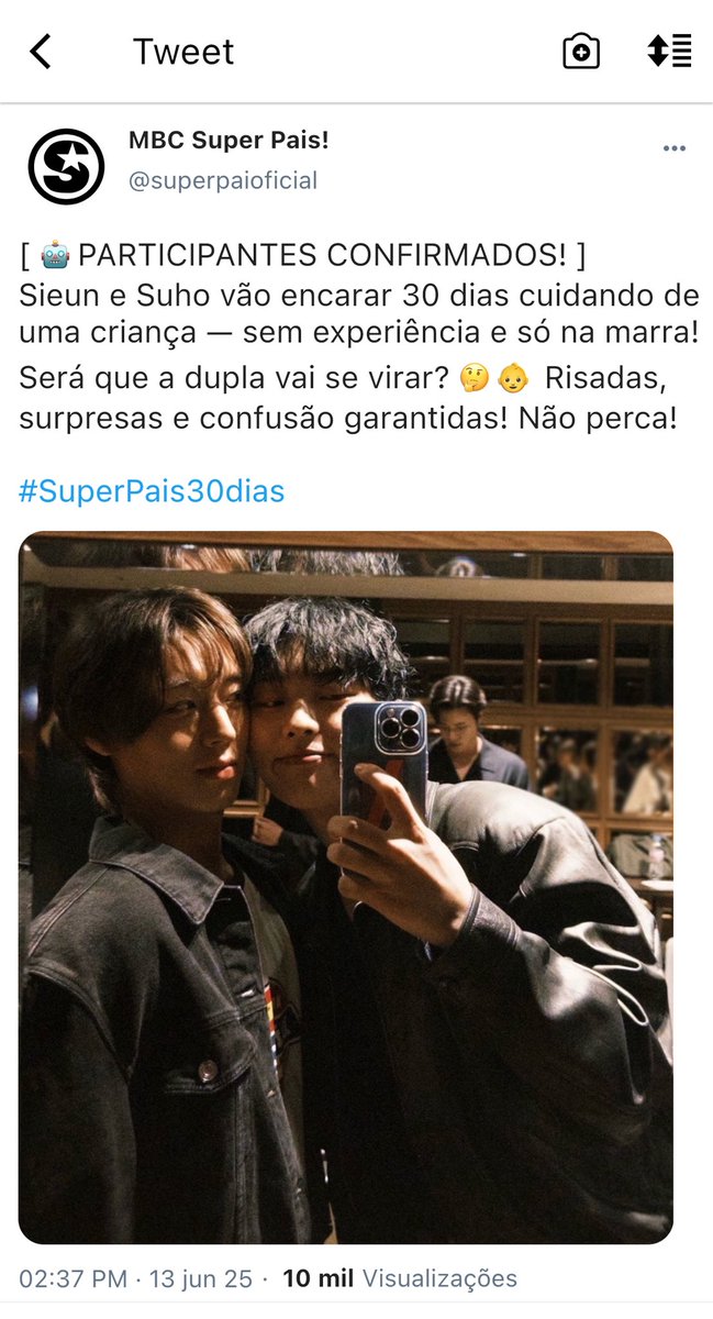 phuwcat's tweet image. #suhosieun au! super pais!

Sieun e Suho foram sorteados para participar de um reality show em duplas onde precisam cuidar de uma criança em uma casa cheia de câmeras. O objetivo? Mostrar a rotina real de quem nunca foi pai e precisa aprender tudo na marra.
