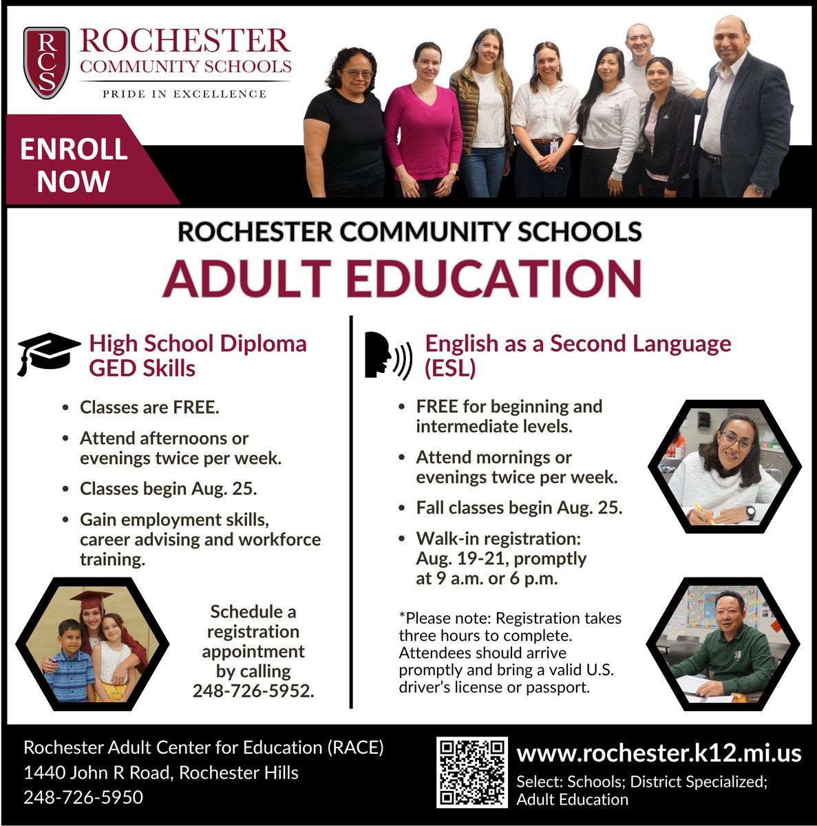 Rochester Community Schools offers adult education programs, including high school diploma completion, GED skills and English as a Second Language (ESL). Classes begin in August. Learn more at: rochester.k12.mi.us/schools/race. #RCSpride