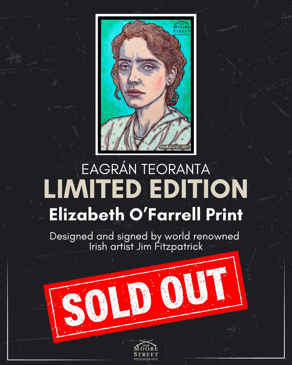 Our limited edition Elizabeth O’Farrell print is sold out!

Go raibh míle maith agat <a href="/jimfitzpatrick/">JIM FITZPATRICK</a> for his beautiful portrait 👏

Buíochas libh - a huge thanks to everyone who supported us🙏🏼 

It will be a huge help in the campaign to stop the demolition of #MooreStreet