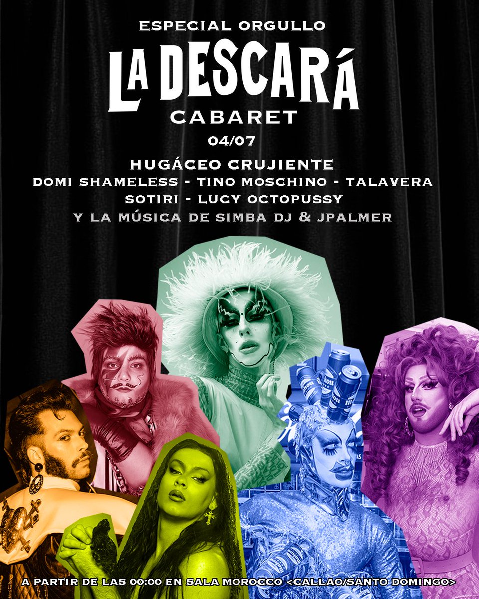 Este ORGULLO se celebra con mucho DESCARO 😏 Traemos cartel de superestrellas para el próximo 04/07 formado por <a href="/hugaceo_cruji/">Hugáceo Crujiente</a> (<a href="/DragRaceEs/">Drag Race España</a> T1) <a href="/epicsotiri/">SOTIRI</a> <a href="/TinoMoschino/">Tino Moschino</a> <a href="/lucyoctopvssy/">lusipusi</a>  <a href="/DomiShameless/">DOMI</a> &amp; Talavera 🏳️‍🌈🏳️‍⚧️ ¡Un variadito de tipos de drag y arte queer en una sola noche!