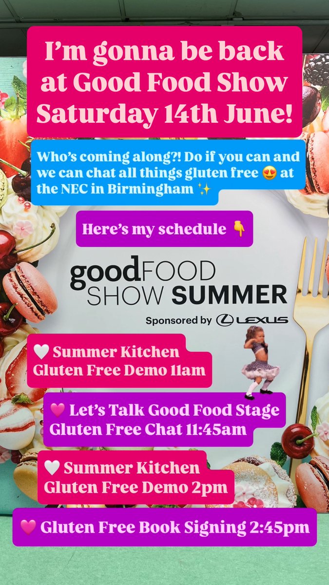 I'm going to be at Good Food Show Summer at the NEC in Birmingham TOMORROW 😍

My day is:

🔸 11am Gluten Free Demo 
🔸 11:45am Gluten Free Talk 
🔸 2pm Gluten Free Demo 
🔸 2:45pm Gluten Free Book Signing

Do come along and show the gluten free demand is there 🙌