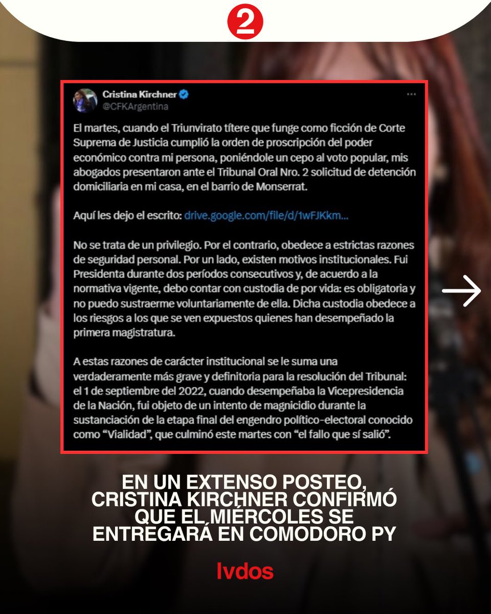 suenalados's tweet image. 📅 Cristina #Kirchner anunció que se presentará el miércoles 18 en los tribunales de Comodoro #Py.

🏠 También solicitó que se le otorgue #prisión domiciliaria, alegando razones de seguridad: “No se trata de un privilegio, sino de una necesidad por estrictas razones personales”.