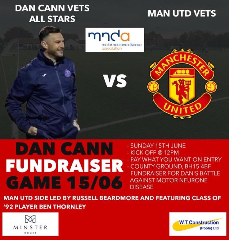 Less than 48 hours until the main event ⚽️🤩

On Sunday lunchtime Dan Cann Allstars will take on Man Utd in what promises to be a fantastic event in aid of local football legend and all round top guy Dan Cann who is bravely batting Motor neurone disease

Click the link below to