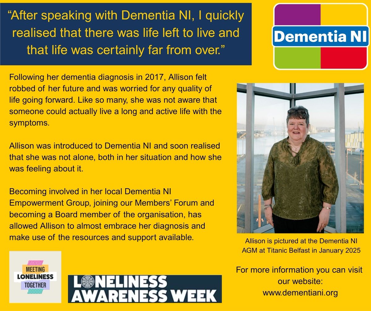 Those with a dementia diagnosis are often #overwhelmed with feelings of #isolation &amp; #fear due to misconceptions &amp; stigmas associated with #dementia. 

This #LonelinessAwarenessWeek, meet Allison, who is living well with dementia. Visit dementiani.org for more info
