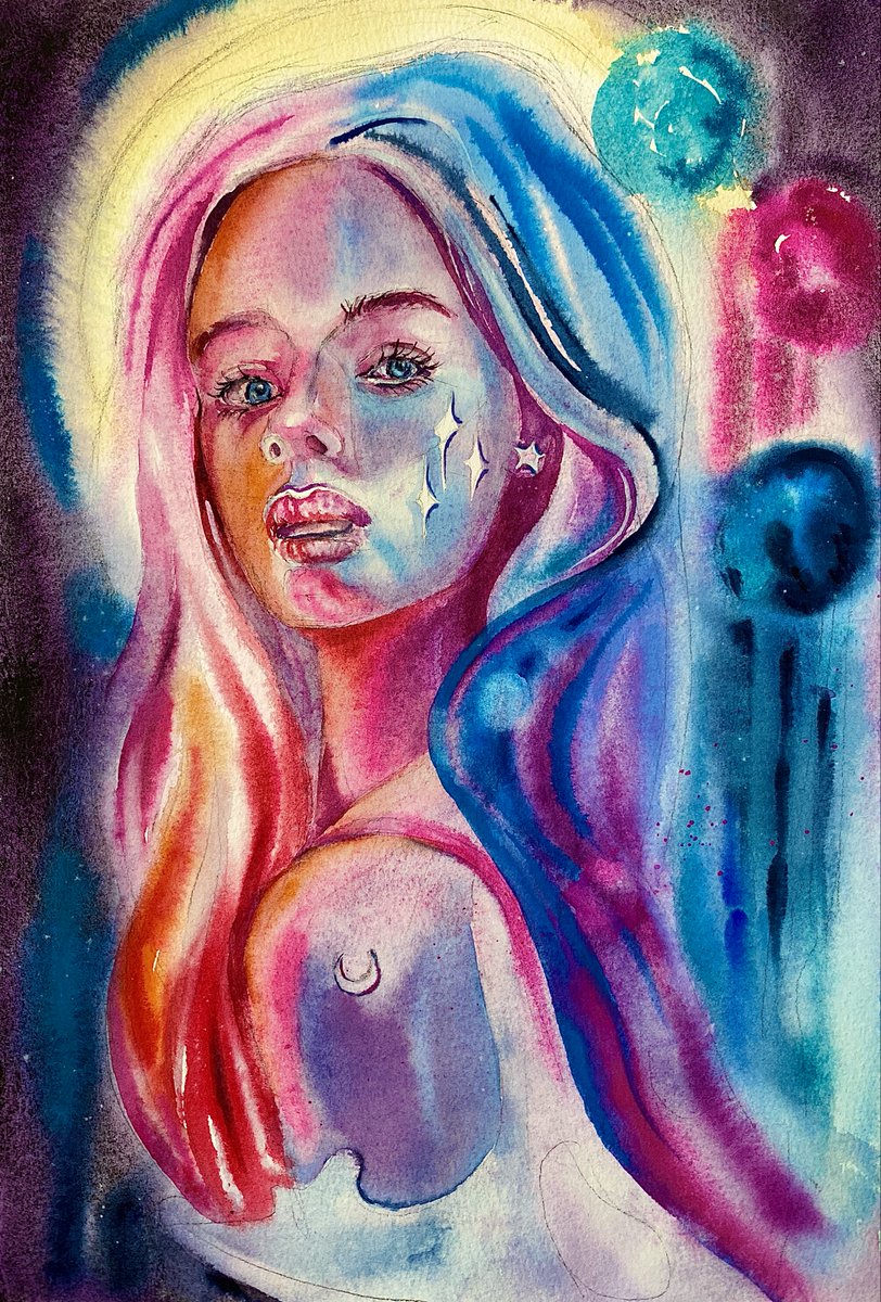 ///ELECTRIC UNIVERSE
The girl lives in this universe, creates her own universe. Inside her is a great resource, a power, conveying a sense of infinity and energy of the universe.

7 XTZ • 10|10 • physical watercolor
🔗objkt.com/tokens/KT1Hxau…