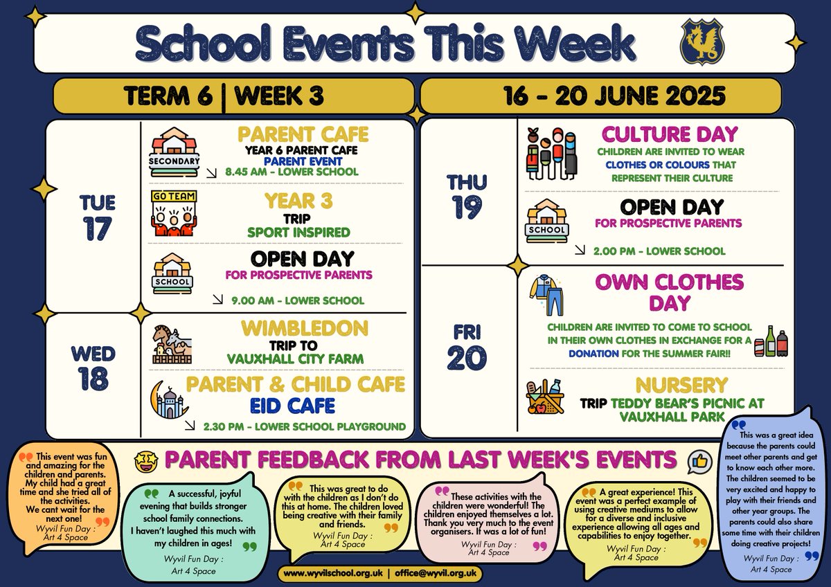 📢 Exciting week ahead at Wyvil Primary! Please see the attached poster for details of next week’s school events. We look forward to welcoming families and celebrating together! 🌟 #WyvilPrimary #SchoolEvents #Community