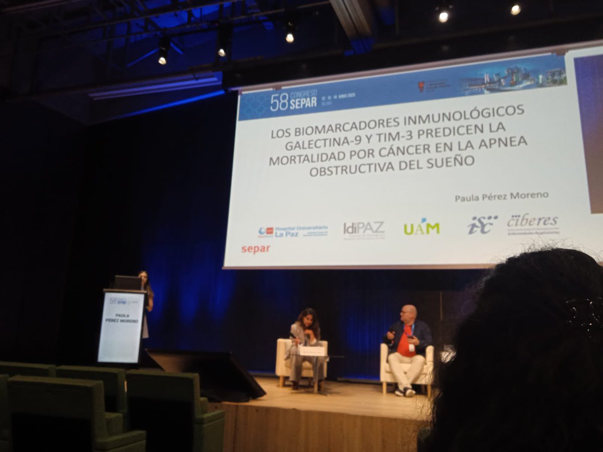 🔵Hoy nuestra compañera Paula hizo una comunicación oral del estudio de la severidad tumoral y el eje Galectina-9 y Tim-3 en pacientes con apnea de sueño🫁🧬🧪
#separbilbao2025