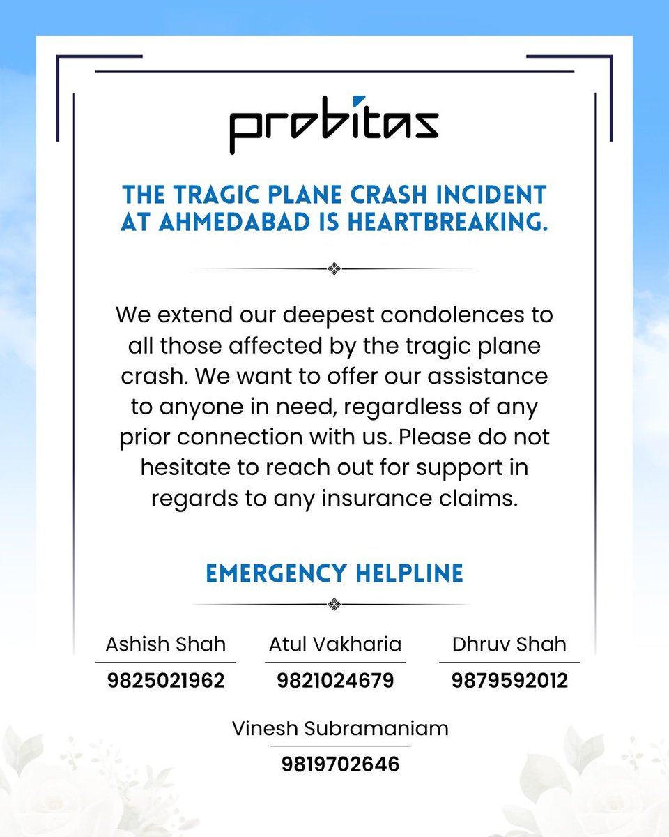 probitasbrokers's tweet photo. If you or someone you know needs insurance claim support, please reach out:

📞 Ashish Shah: 9825021962
📞 Atul Vakharia: 9821024679
📞 Dhruv Shah: 9879592012
📞 Vinesh Subramaniam: 9819702646

We're here to help. 

#ahmedabad #ahmedabadplanecrash #probitas #probitasinsurance https://t.co/kiGJ7nlhHd
