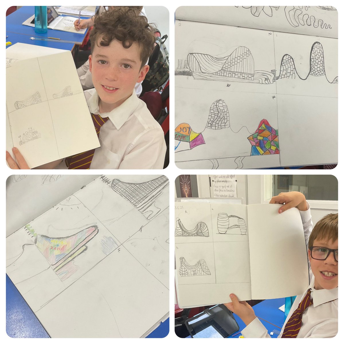 PDA_Y5's tweet image. We have been sketching buildings this afternoon in #pdaart incorporating ideas inspired by Zaha Hadid’s buildings and Morag Myerscough’s art work! 🏙️🌇✍🏼