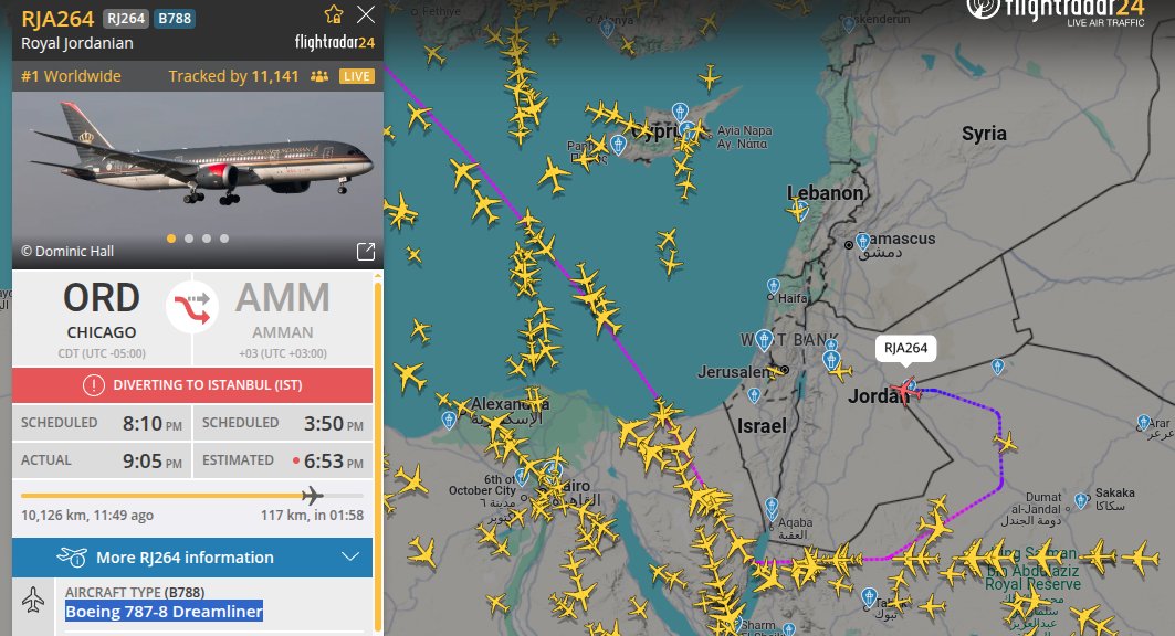 khudatzada's tweet photo. Sometimes I am interested in aviation and I wonder why he was sent to Istanbul - it seems he couldn't land in Amman even though it's nearby. #Dreamliner #Boeing787Dreamliner https://t.co/jnsH68csyc