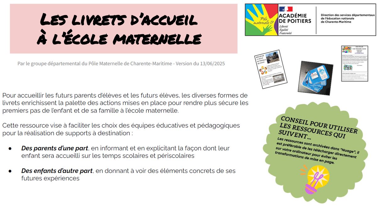 💡Le Pôle Maternelle <a href="/DSDEN17/">DASEN17</a> publie une nouvelle ressource autour de la conception et la réalisation des livrets d'accueil à destination des familles et des enfants. A retrouver sur 🔗blogs17.ac-poitiers.fr/polematernelle…💡