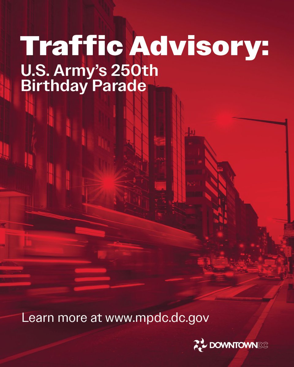 DowntownDCBID's tweet image. ⚠️ Avoid driving into #DowntownDC this weekend!
🚧 Major road closures, parking restrictions & bus detours are in effect for the #Army250 Birthday Parade through Mon, June 16 at 6AM.
🗺️ Full list: mpdc.dc.gov/release/traffi…
📲 Alerts: alert.dc.gov
#TrafficAlert