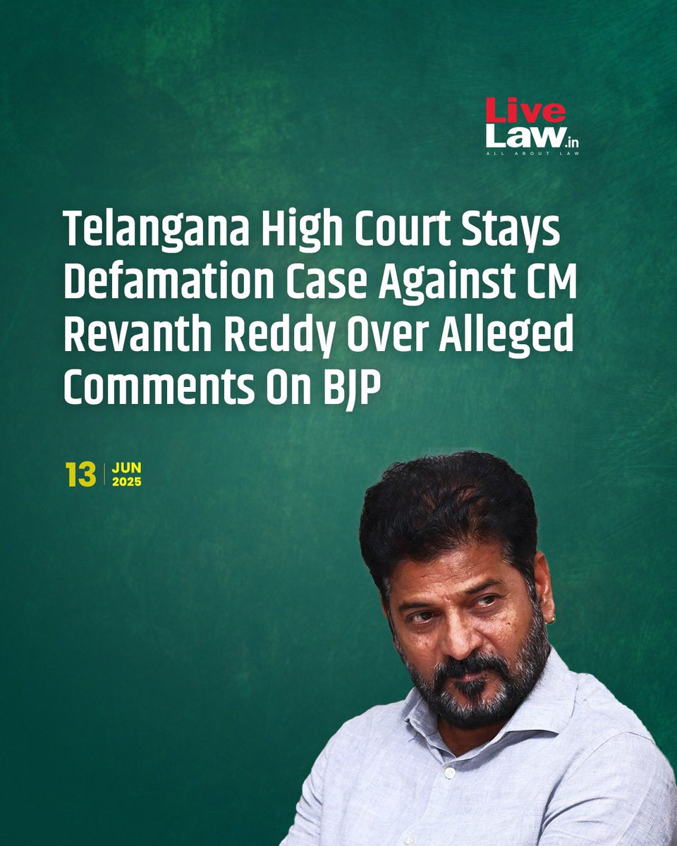 LiveLawIndia's tweet photo. The #Telangana High Court has stayed #defamation proceedings before the trial Court, initiated against the Chief Minister of the State A. #RevanthReddy , for statements given on 4th May in a Public Meeting called the "Jana Jatara Sabha".

Read more: https://t.co/fEtZq3iKUl https://t.co/zRDOsiY6dx