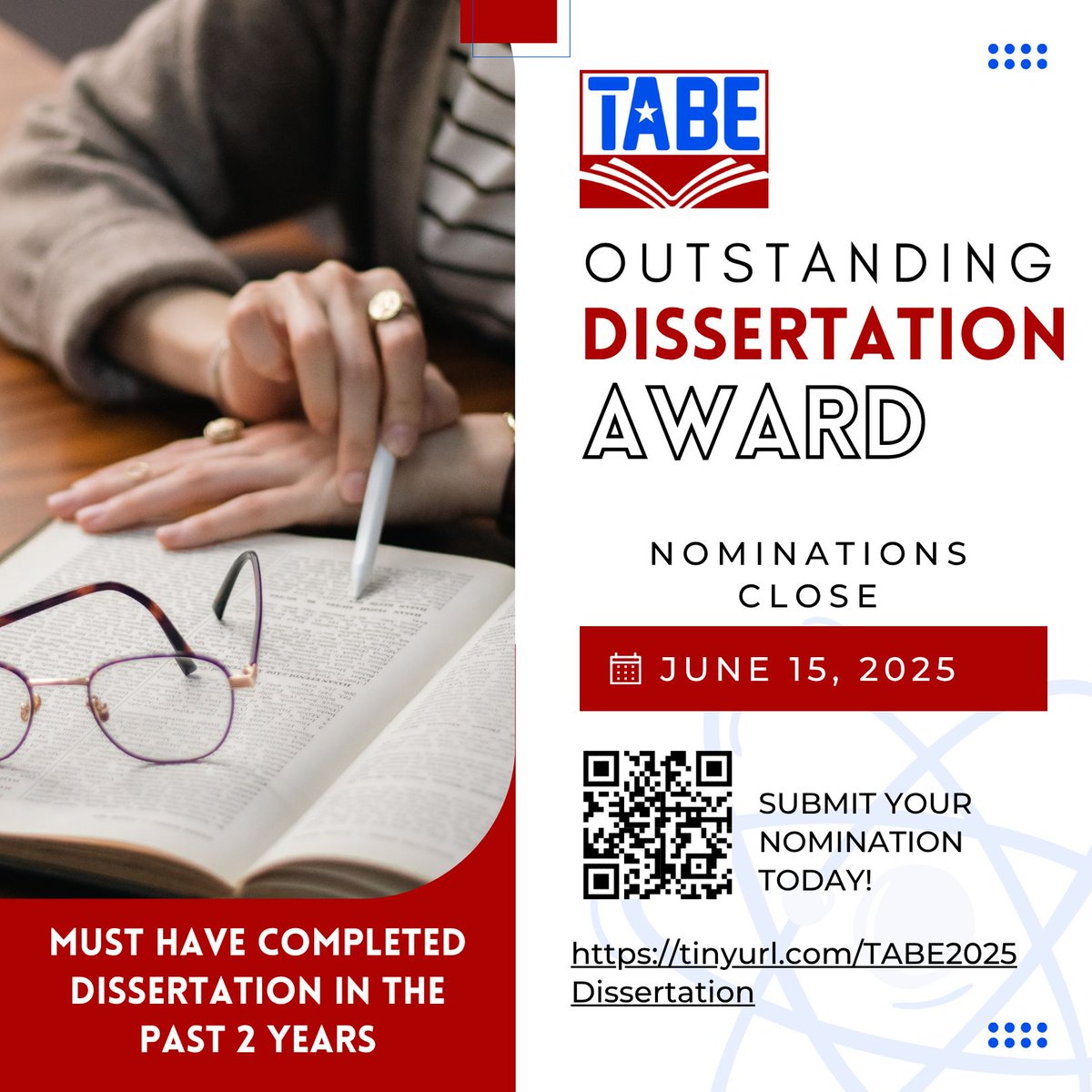 🎓 Attention recent graduates! Seize the opportunity to shine by applying for the 2025 TABE Award for Exceptional Dissertations in Bilingual Education. 🏆 Revised submission deadline: JUNE 15. Don't let this chance slip by! 🌟 Apply here: tinyurl.com/TABE2025Disser… #TABE2025