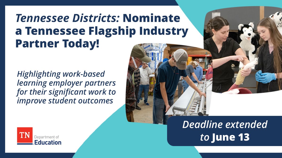 TNedu's tweet image. 📢TN DISTRICTS: Today is the FINAL day to nominate your employer partner as a Tennessee Flagship Industry Partner! View the nomination criteria and more here: stateoftennessee.formstack.com/forms/flagship…