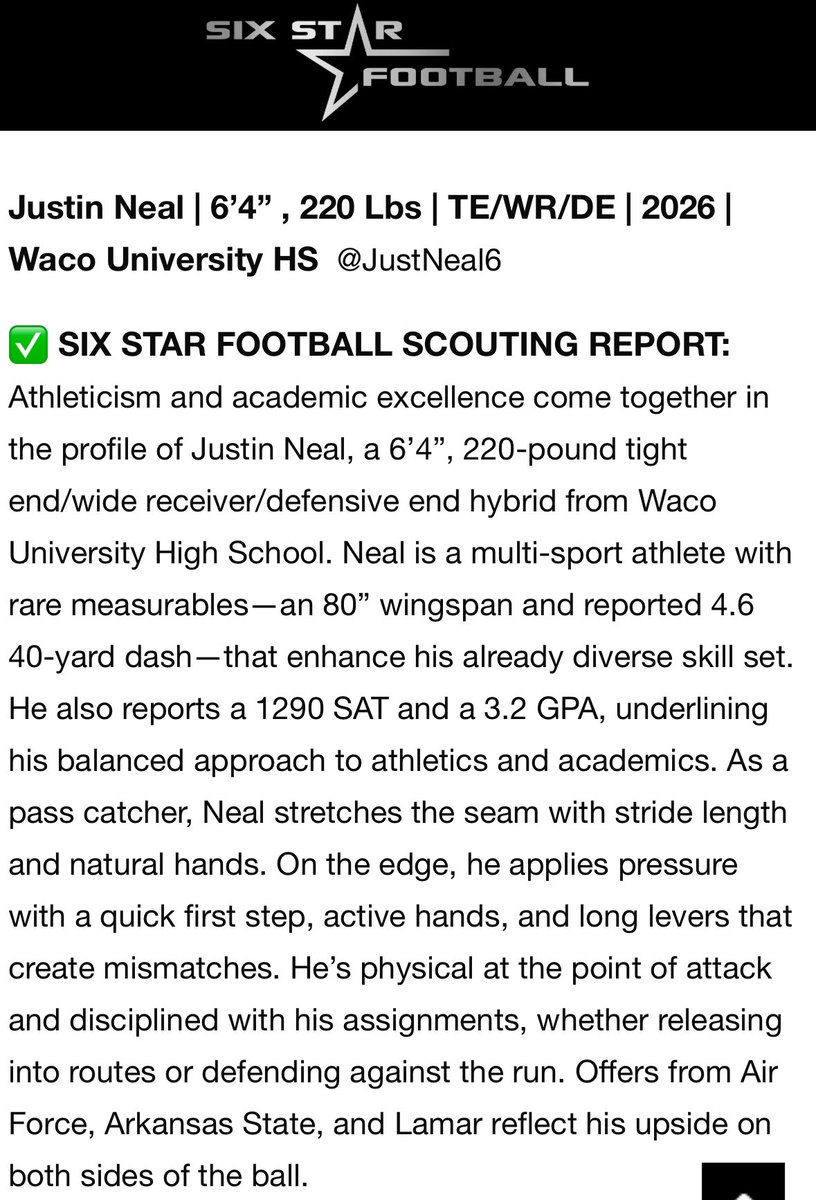 JustNeal6's tweet image. Thanks for the write up @sixstarfootball🙏 @RecruitTheU @CoachCFoster_ @coachsewardjr @FloresAarrhon @CoachRDerrick @CoachGCarp @_Visionary_Vic @CoachHughes254 @dj_milam @streetziam @Coach__OMalley @CoachCuddy