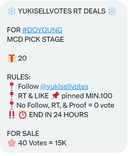 DoyoungVoteTeam's tweet photo. RT DEALS MNET PICK STAGE FOR #DOYOUNG

🎁 20    

RULES:
📍Follow @yukisellvotes 
📍RT &amp; LIKE 📌 pinned MIN.100
📍No Follow, RT, &amp; Proof = 0 vote

‼️ ⏰ END IN 24 HOURS  

FOR SALE
🌸 40 Votes = 15K

Doppu let's go!! https://t.co/uIy9YbIrzl