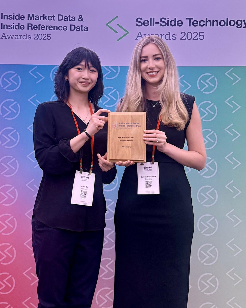 Bloomberg has been named Best Alternative Data Provider at the 2025 WatersTechnology Inside Market Data &amp; Inside Reference Data Awards. 🏆

This is our first win in this category and builds on last year's Best Alternative Data Initiative recognition for ALTD &lt;GO&gt;.

Read our