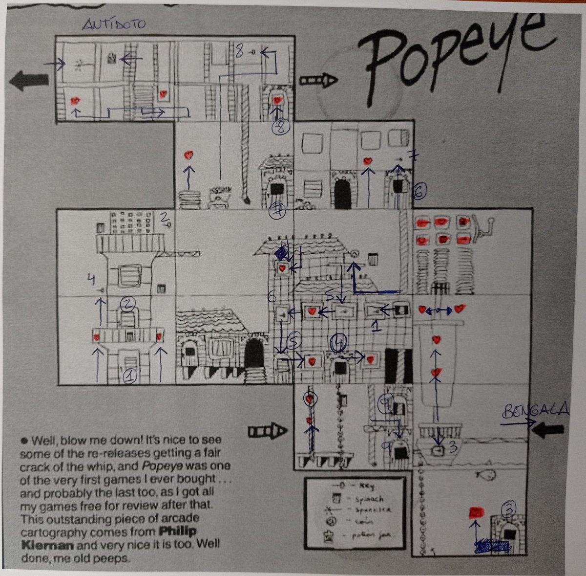 Mi pequeña aportación documental al respecto del mapa del juego Popeye. Llaves numeradas identificando las puertas que abren, conexión entre pantallas y recorrido optimizando el speedrun al máximo, aunque depende mucho del la suerte que nos depare el juego en el casino del ático.