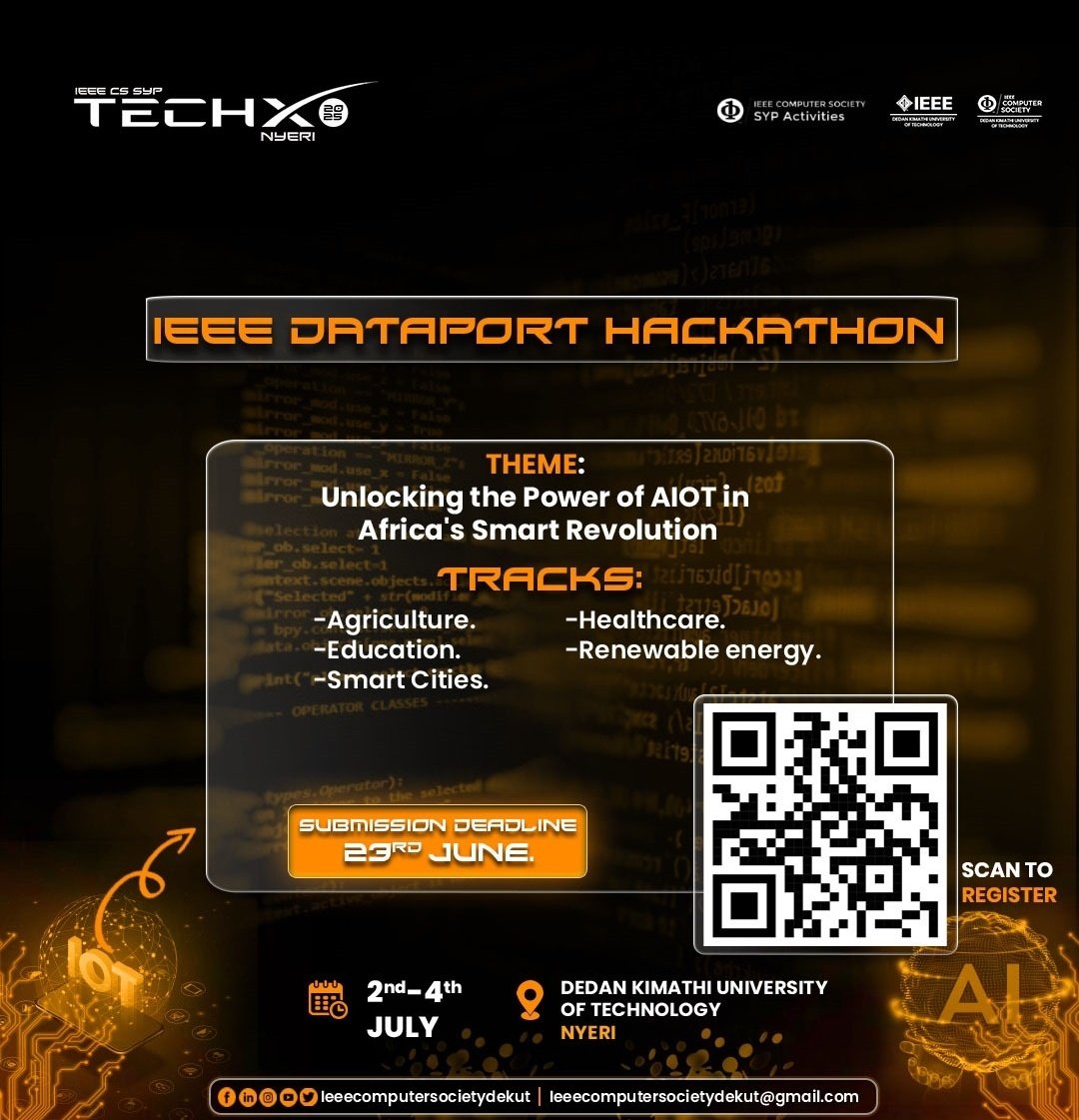 Polymath_Mark's tweet image. Theme: Unlocking power of AIot in Africa &apos;s Smart Revolution 
Where: IEEE DataPort Website 
Register &amp;amp; Learn More Here:
ieee-dataport.org/competitions/u…
@IEEECOMPSOCSYPTECHX
@IEEECompSocDeKUT
#cstechx #cssyp #ieeecs #techxnyeri #IEEEPESKenya