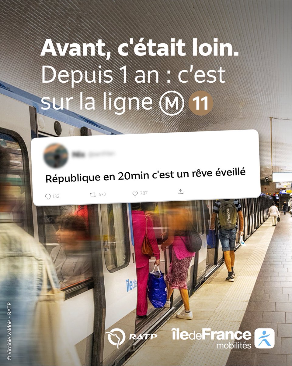 IDFmobilites's tweet photo. 🎉 1 an déjà que la @Ligne11_RATP est prolongée jusqu'à Rosny–Bois-Perrier !
🚇 6 nouvelles stations de #métro, des trajets plus rapides (25 min entre Rosny et Châtelet), et des rames #MP14 d'@AlstomFrance plus confortables et modernes.
La ligne 11 est exploitée par @RATPGroup. https://t.co/YUzt36YQga