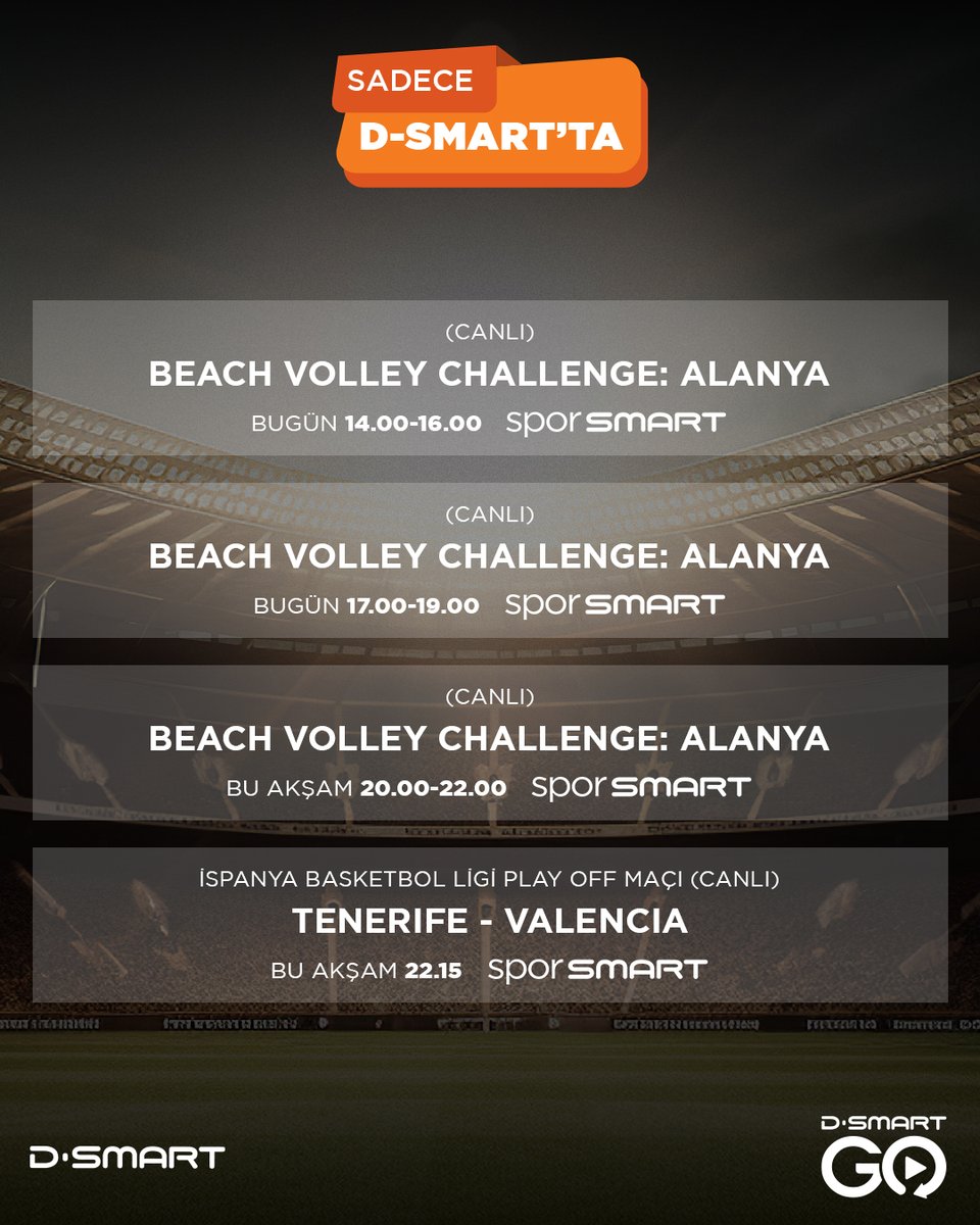 Bugün ekranlar kumla dolacak, pota ise alev alacak!

🏐 Beach Volley Challenge: Alanya
🏀 Tenerife vs. Valencia – Playoff heyecanı

Hepsi canlı, hepsi #DSmart ve #DSmartGO'da seni bekliyor!