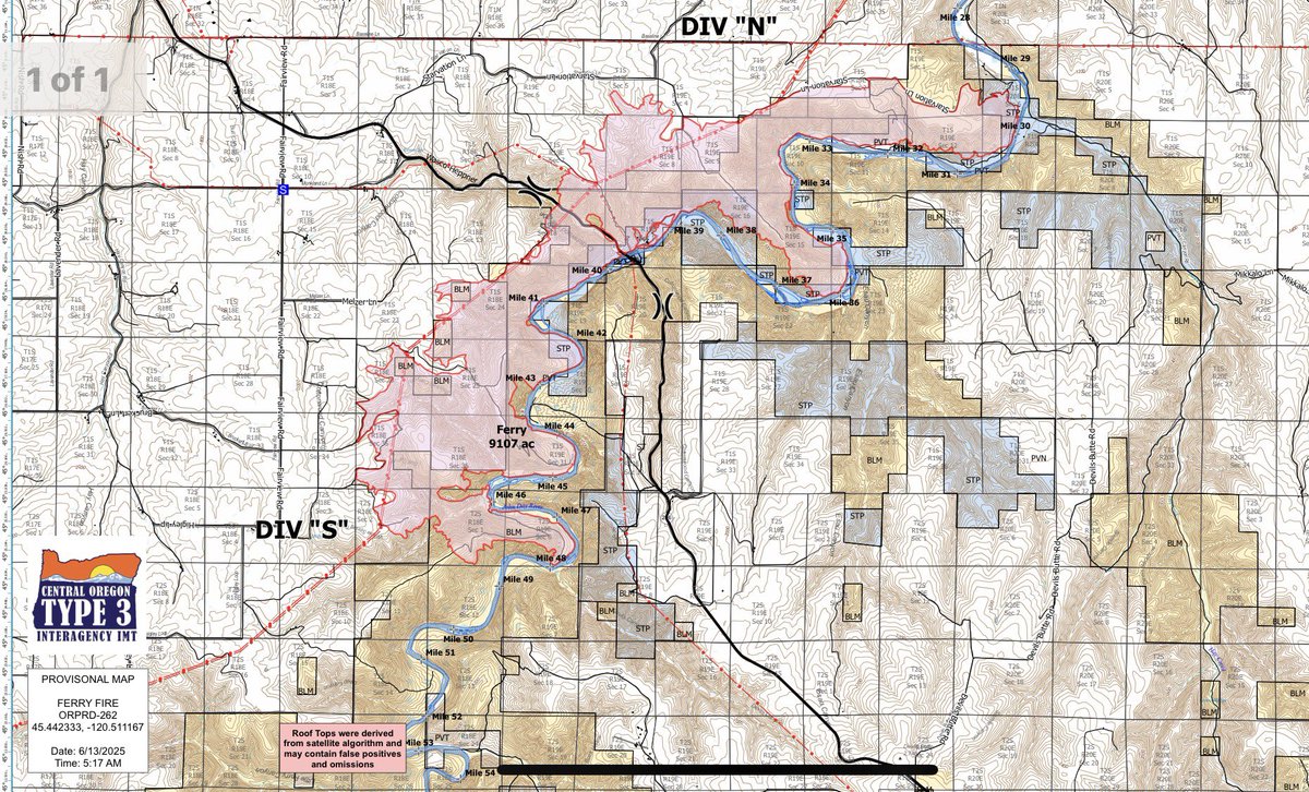 #FerryFire Update:
Near Cottonwood Canyon SP on the John Day River
~ 9,107 acres
~ 5% contained
~ Central Oregon Type 3 IMT took command at 0600 today, Friday June 13
~ Evacuations in place in Sherman County
~ John Day River Closure in place from Cottonwood down