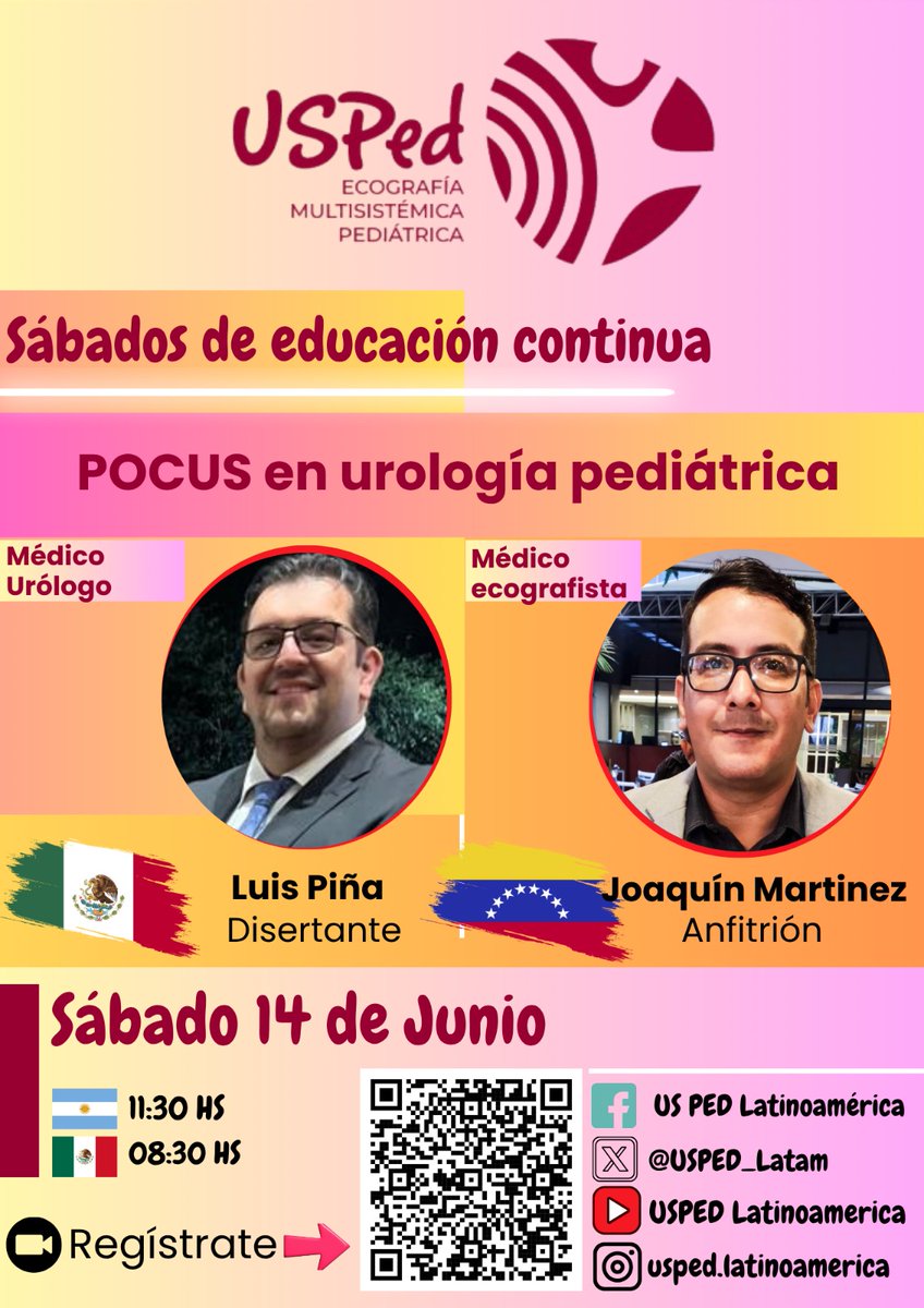 USPed (@usped_latam) on Twitter photo Sábados de POCUS presenta:
"POCUS en Urología Pediátrica"
Conoce su utilidad, desde consulta hasta la Hospitalización.
Y procedimientos.
Ponente: Dr. Luis Piña Urólogo 🇲🇽
Anfitrión: <a href="/JMMR83/">Joaquín Martínez</a> MedEd 🇻🇪
USPed, la Comunidad de POCUS Pediátrico👶🏻👦🏻👧 Sábados de POCUS presenta:
"POCUS en Urología Pediátrica"
Conoce su utilidad, desde consulta hasta la Hospitalización.
Y procedimientos.
Ponente: Dr. Luis Piña Urólogo 🇲🇽
Anfitrión: <a href="/JMMR83/">Joaquín Martínez</a> MedEd 🇻🇪
USPed, la Comunidad de POCUS Pediátrico👶🏻👦🏻👧