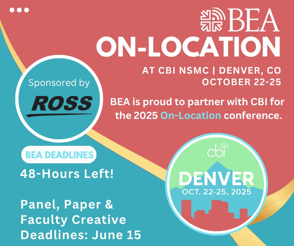 BEAWebTweets's tweet image. Final call for BEA On-Location submissions! 📆
Panels, research papers, and faculty creative projects are due soon — don’t let the clock run out! 🔔
Submit now and be part of this collaborative and insightful event.
#BEAOnLocation #CBI2025 #NSMC2025