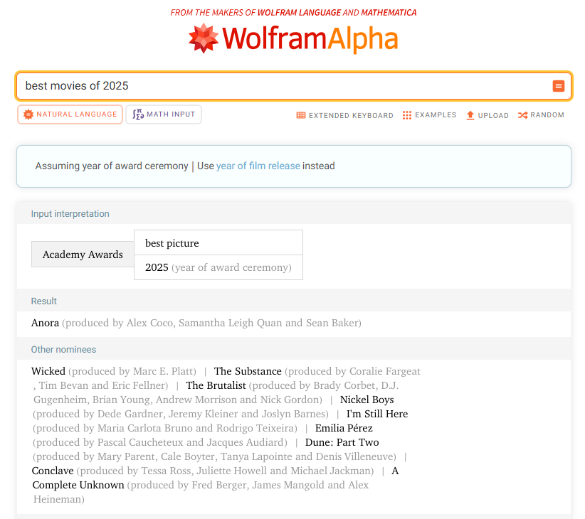 Need recommendations for a movie night? We've got you covered. 🎥🎬
wolframalpha.com/input?i=Academ…