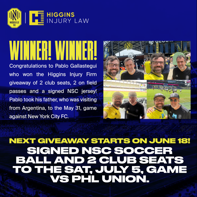higginsfirm's tweet photo. Congrats to Pablo Gallastegui who won the Higgins Injury Firm giveaway to the game against New York City FC.⁠
⁠The next giveaway starts Jun 18: 2 on field passes, 2 Club Seats and a soccer ball signed by Nashville SC!⁠
⁠Higgins = Proud sponsor of #nashvillesc! @nashvillesc https://t.co/Ymghrt7oGi