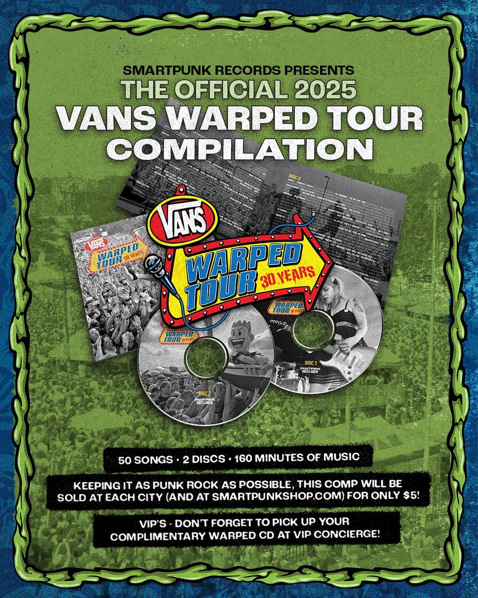 . @smartpunkrecords is proud to carry the torch in true @vans warped tour fashion and bring u 2025's Official Compilation CDs 💿 

these will be sold at each city (and at SmartpunkShop.com) for only $5