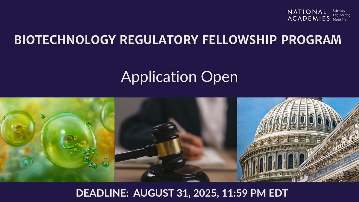 NASEM_BioRegFS's tweet image. Policy experts, help guide the future of biotechnology regulation. Apply for a Biotechnology Regulatory Fellowship and engage with top federal agencies.
Submit your application today: ow.ly/S5lR50W3Jqq
#BiotechnologyFellowship #NASEM #Regulatoryprogram #PolicyCareers