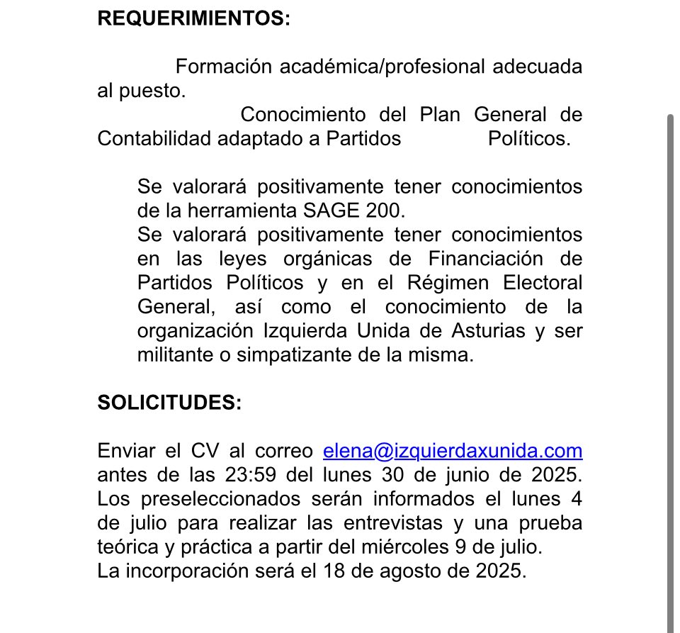 𝐎𝐅𝐄𝐑𝐓𝐀 𝐃𝐄 𝐄𝐌𝐏𝐋𝐄𝐎 𝐄𝐒𝐓𝐀𝐁𝐋𝐄 

𝐂𝐎𝐍𝐓𝐀𝐁𝐋𝐄

Contrato indefinido.

izquierdaxunida.com/Actualidad_Not…