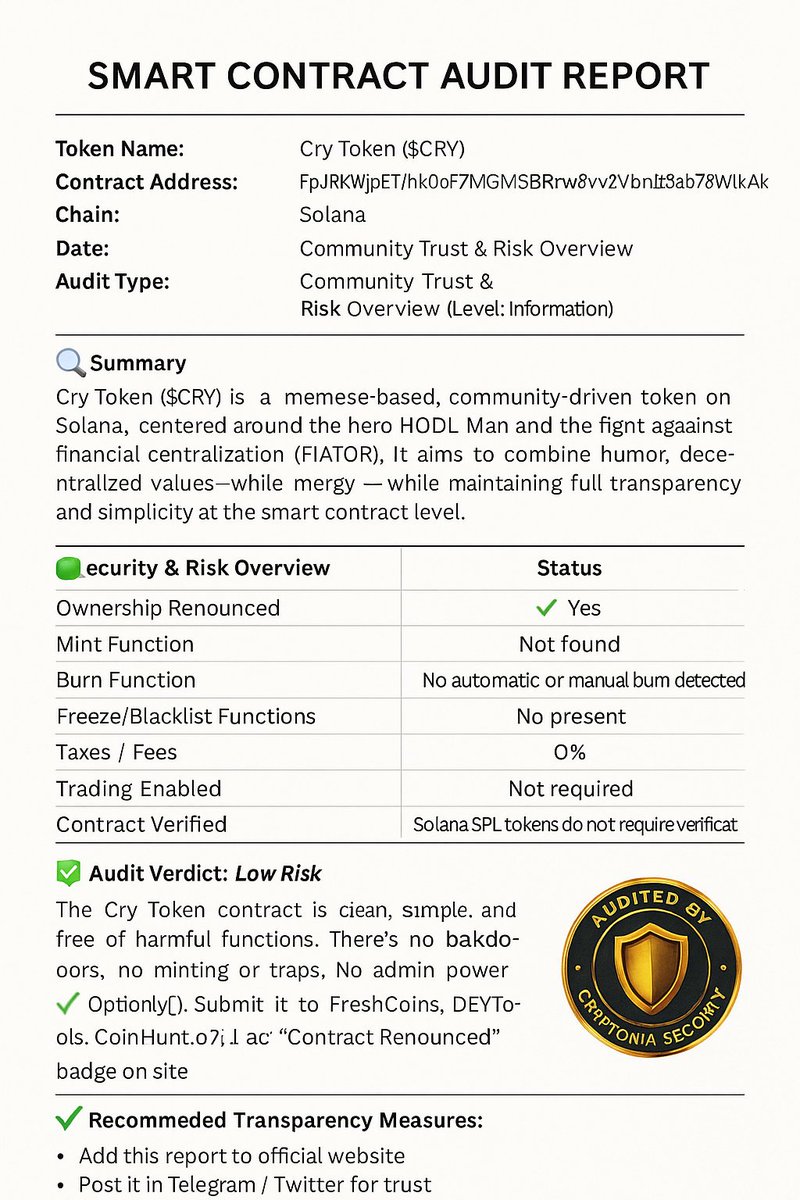 HODLcrytoken's tweet photo. 🔍 They asked for it – we delivered.

The $CRY token is now officially audited and community-ready.
No taxes. No rug. No mercy for FIATOR.
📄 Required for @Coinsniper_net? Check.
✅ 100% Meme, 0% Risk.

👇View the full audit below and join the resistance:
#CryToken #Coinsniper https://t.co/ruBKe5YwHh