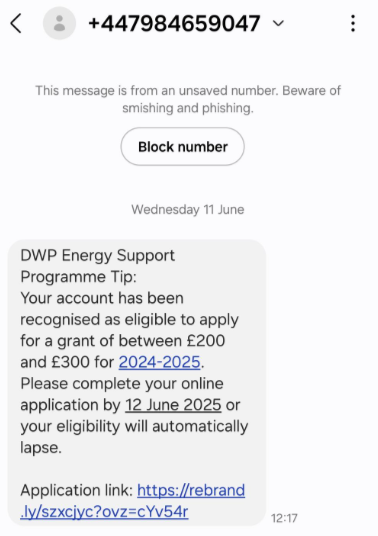 AgeUKNorthumber's tweet image. We’ve been made aware of a scam text message claiming to be from the DWP stating people can be eligible for an 'energy allowance' of up to £300, followed by a link to 'complete the submission process’.

This is a scam, so just be vigilant and ignore any such messages.
