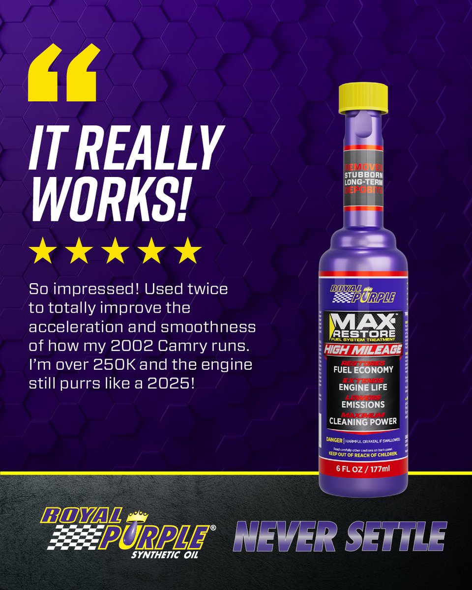 Royal_Purple's tweet photo. Restore the power. Reclaim the drive. 💪💜

Royal Purple® Max-Restore™ is built for high-mileage engines (75K+ miles) to bring back fuel economy, power &amp; response.

See why drivers #NeverSettle. 🔧

#ChooseRPNeverSettle #MaxRestorePower #RestoreAndDrive #RunsOnRoyal https://t.co/hLSzUr6tNK