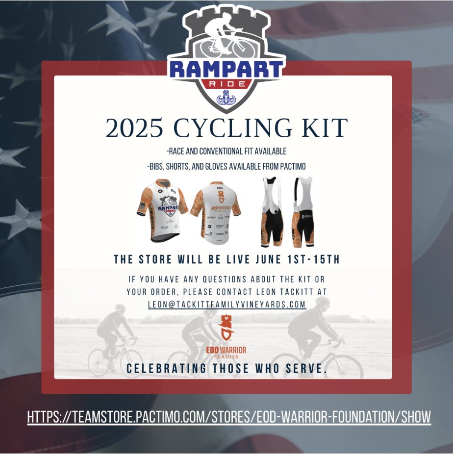 🚴‍♂️ The 2025 Rampart Ride Cycling Kit Store closes Sunday! 🚴‍♀️

🛒 Shop now: teamstore.pactimo.com/stores/eod-war…

Get ready for the 2025 Rampart Ride - coming this Veterans Day, November 7-8!

#EODCycling #2025RampartRide #TackittFamilyVineyards #PasoRobles #EODWF