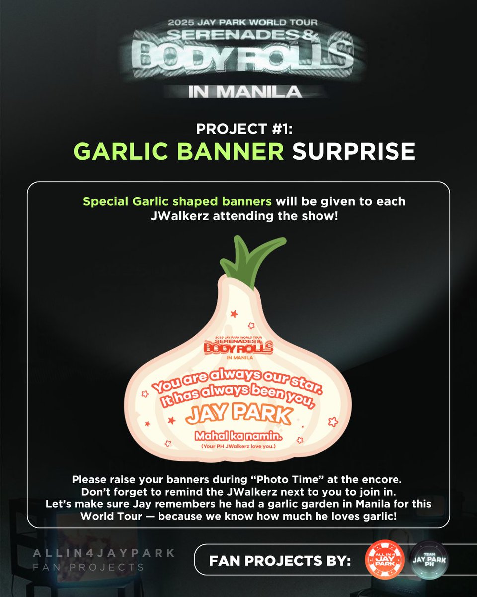 Team_JayParkPH's tweet image. 📣Here are our fan projects for Jay Park’s #SerenadesAndBodyRolls_In_Manila this June 28, 2025!

We need your help to spread the word and make these happen during the show. Let’s make Jay’s night in Manila truly unforgettable! 💚🧄

#JayParkInManila #박재범