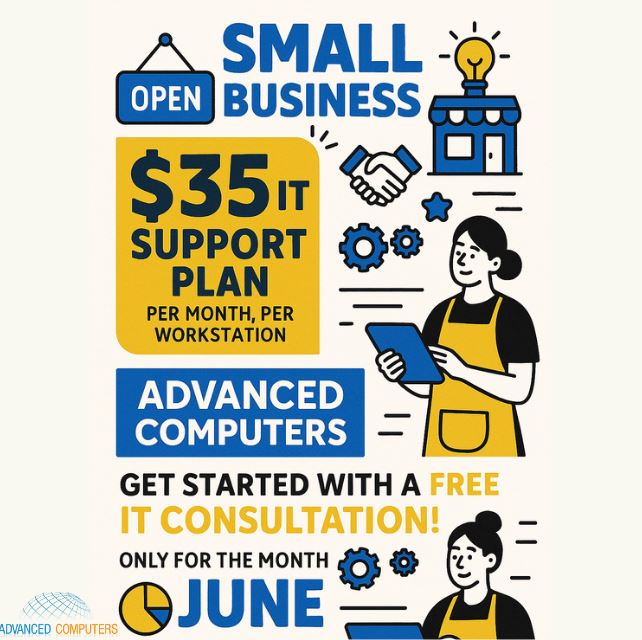 ITguruNY's tweet image. Small business, big savings! 💻✨ Get IT support for just $35/month per workstation + FREE June IT consultations. Let Advanced Computers power your success! 🚀 #SmallBusinessSupport #ITMadeEasy