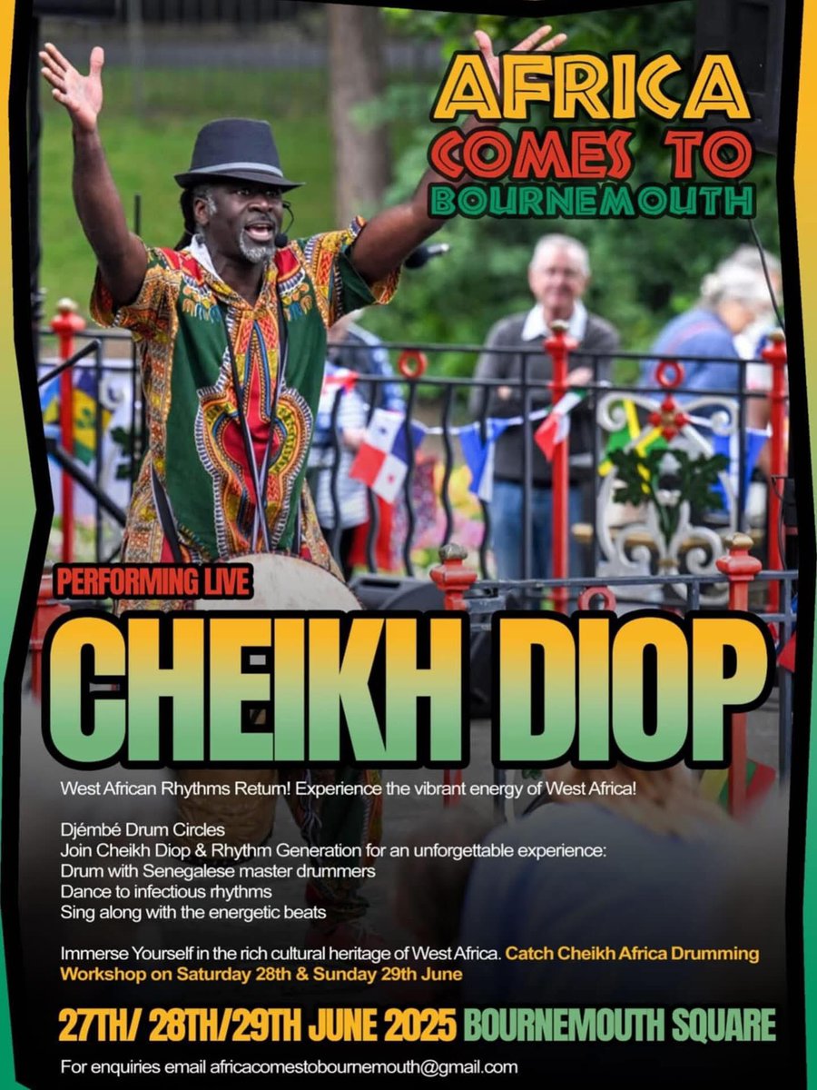 Africa Comes to Bournemouth is back for another exciting weekend of celebration culture and community unity!

📆 27th - 29th June 2025 
📍 Bournemouth Square
🆓 Free for everyone! 

This event promises a dynamic fusion of African and Caribbean traditions! 

#bournemouthsquare