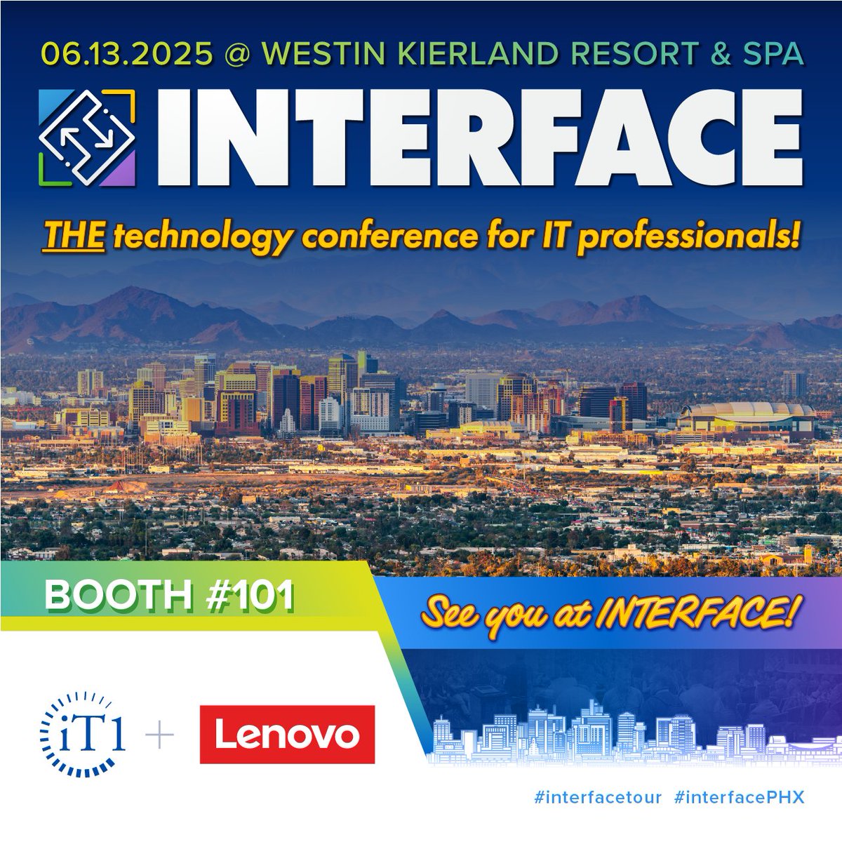 iT1Solutions's tweet image. Today is the day! Join iT1 at Interface Phoenix at the Westin Kierland Resort today.
Stop by the iT1 Booth #101 to discover how our IT services, cutting-edge solutions, and top-tier partner technologies can help move your business forward. 
#interfacePHX #interface2025
