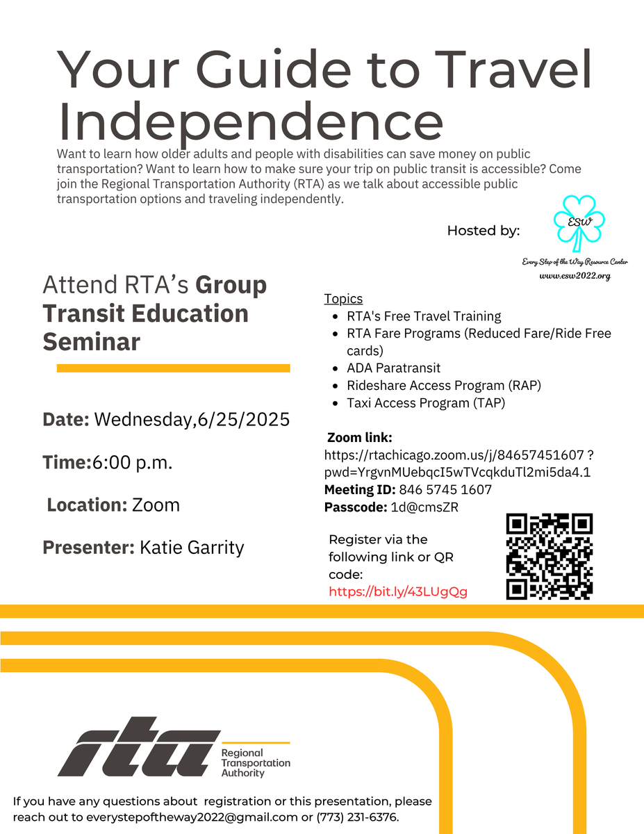 Register for RTA’s Group Transit Virtual Education Seminar Hosted By ESW
Date
June 25, 2025
Time
8:00 am - 5:00 pm
Wednesday, June 25 · 6 – 7pm CDT
eventbrite.com/e/rtas-group-t… #RTA #DisabilityBenefits